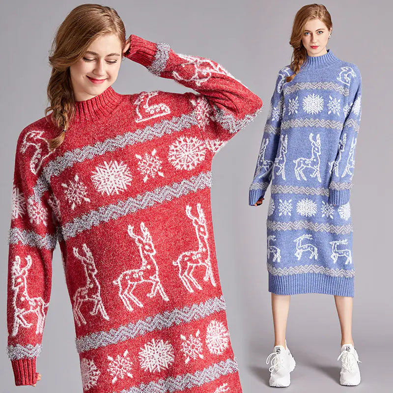 Christmas Reindeer Velvet Sweater Dress for Women