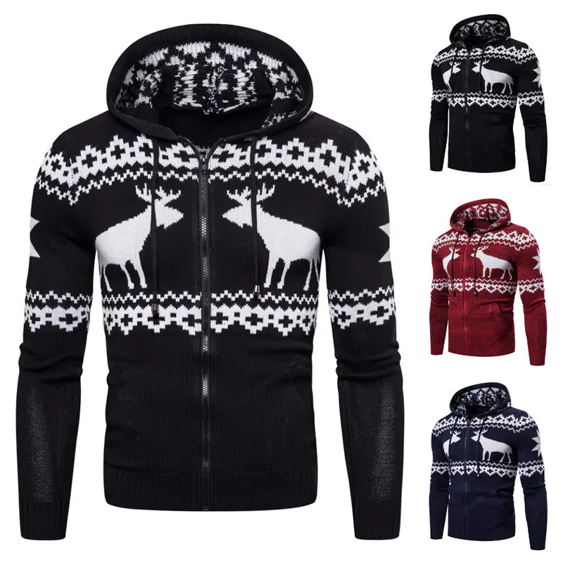 Men's Christmas Reindeer Knit Zipper Hoodie Sweater