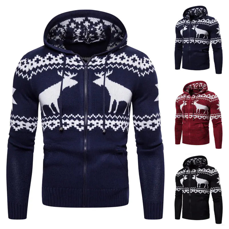Men's Christmas Reindeer Knit Zipper Hoodie Sweater