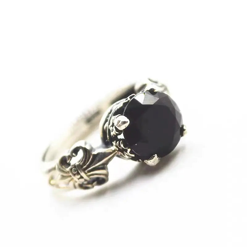 925 Thai Silver Crown Black Agate Diamond Ring