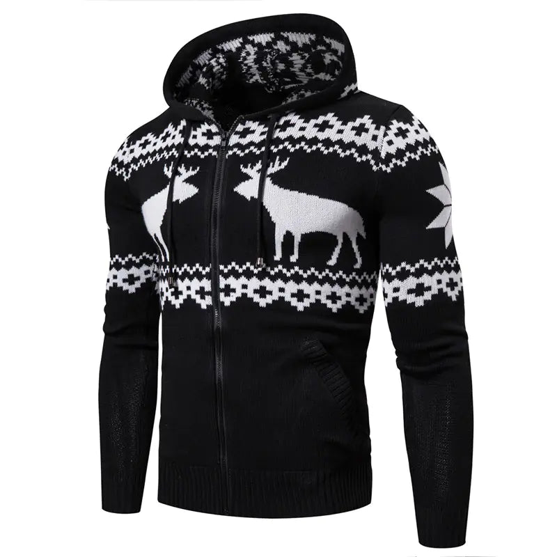 Men's Christmas Reindeer Knit Zipper Hoodie Sweater